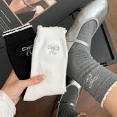 芭蕾风袜子女中筒袜春秋季 女袜蝴蝶结可爱花边白色miu系长筒袜