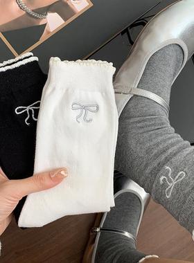 芭蕾风袜子女中筒袜春秋季女袜蝴蝶结可爱花边白色miu系长筒袜