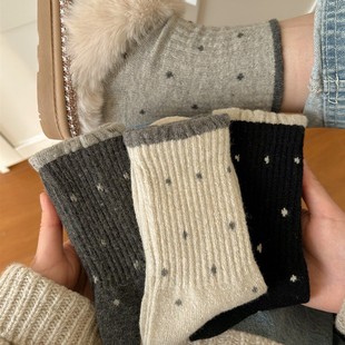 韩系波点花边中筒女袜子女款秋冬季中筒袜撞色加厚保暖长袜冬天