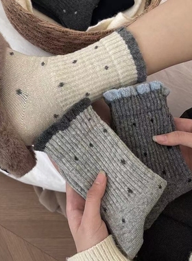 波点花边袜子女中筒袜秋冬季款加厚保暖灰色勃肯鞋冬天中筒堆堆袜