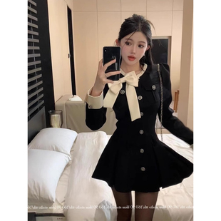 法式复古小香风蝴蝶结连衣裙女秋季大码富家千金收腰a字短裙