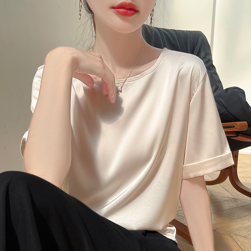 高级感天丝缎面t恤短袖女宽松简约醋酸高级感西装内搭背心上衣