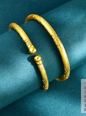 古法樱花錾刻拉丝葫芦桃花手镯开口复古轻奢手环手饰生日礼物女款