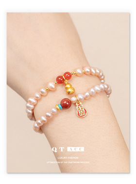 欧美新中式红玛瑙天然淡水珍珠串珠手链复古风沙金福葫芦吊坠手串