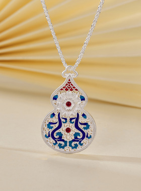 银美现货珐琅彩镂空葫芦纯银吊坠套链双面精致百搭项链送闺蜜礼物