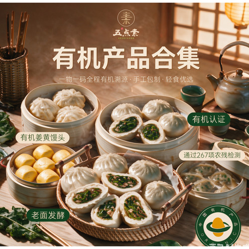 五点素有机全麦面点合集老面素包水饺净素儿童有机蔬菜面点早餐