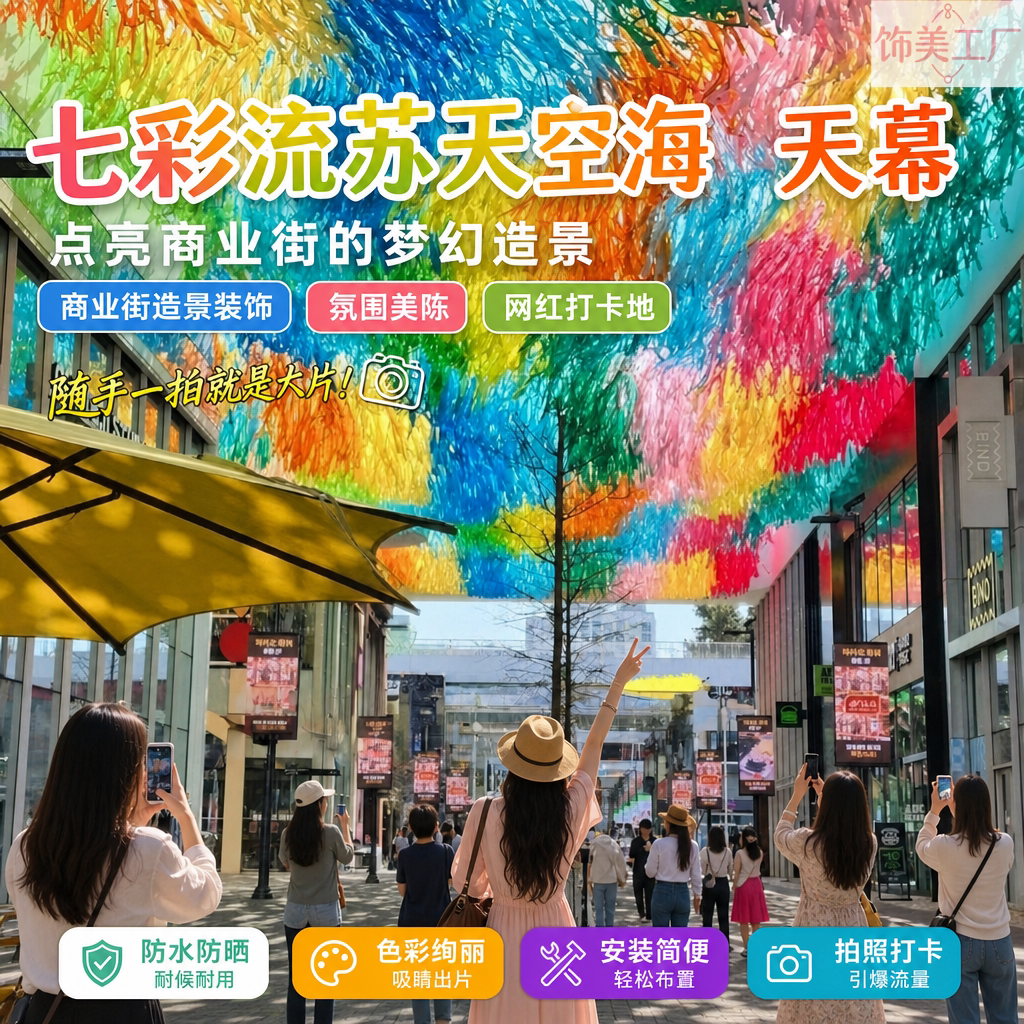 风动七彩丝带银河天幕吊顶景区商业街装饰七彩流苏混搭布条天幕