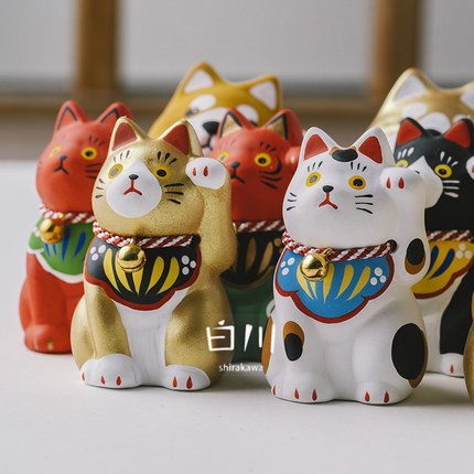 日本制濑户烧民间手绘传统招福开运招财猫陶瓷摆件桌面开业送礼