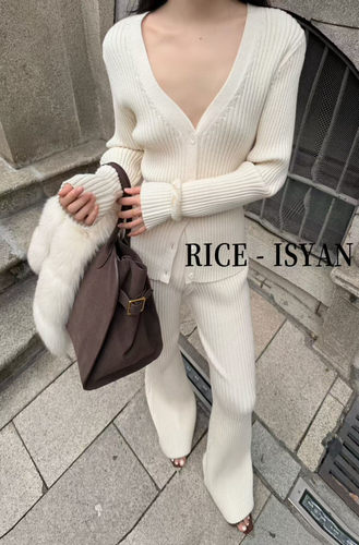 RICE正版2025冬季新款韩版洋气时尚百搭V领纯色针织开衫+休闲裤女