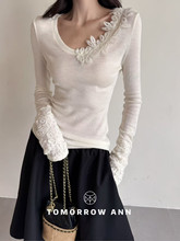 十三行正版2025冬季新款韩版洋气时尚百搭ins蕾丝拼接显瘦长袖T恤