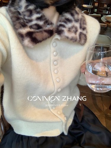 十三行正版2025冬季新款韩版洋气时尚百搭豹纹翻领单排扣针织开衫