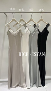 RICE正版2026春季新款时髦洋气轻奢氛围感百搭蕾丝花边收腰连衣裙