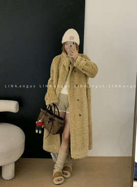 LINA正版2025冬季新款韩系温柔氛围感百搭ins毛毛外套大衣(配腰带