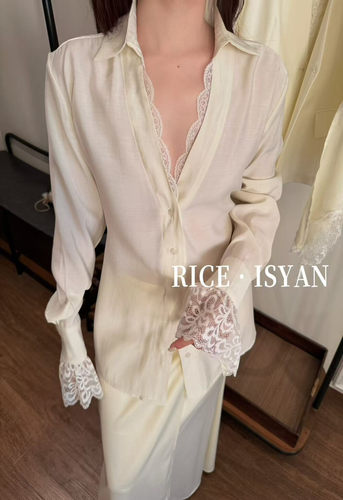 RICE正版2026春季新款韩版时尚法式气质百搭深V蕾丝拼接显瘦衬衫