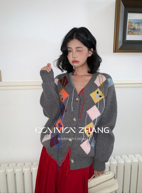 十三行正版2025冬季新款韩版美式百搭V领撞色菱格拼接流苏毛衣女