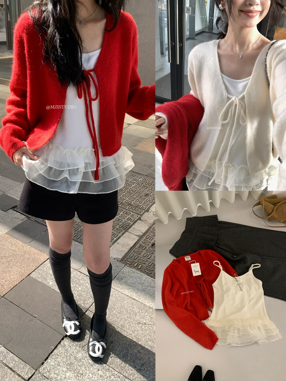 MZI STUDIO正版2025冬季新款韩系圣诞系带毛衣开衫+网纱拼接吊带