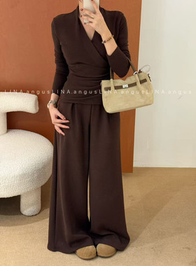 LINA正版2025冬季新款韩版洋气收腰显瘦长袖T恤+阔腿休闲裤套装