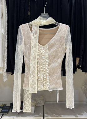 Simida正版2025冬季新款韩版洋气时尚领双层蕾丝捏褶花边长袖T恤