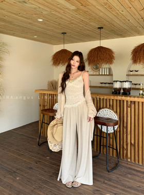 LINA正版2026春夏新款韩系纯欲氛围感蕾丝吊带背心+慵懒休闲裤女