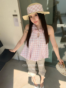 CXI正版 韩版 洋气设计感百搭ins格子挂脖辣妹无袖 上衣 2026春夏新款