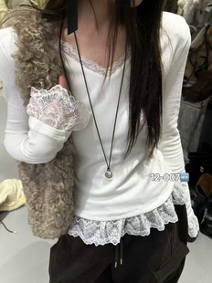 韩版 时尚 法式 WHT正版 显瘦打底衫 新款 百搭V领蕾丝拼接修身 2025冬季