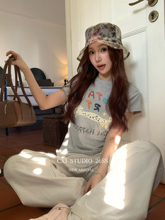 ins小众彩色小狗图案印花短袖 CXI正版 韩系时尚 新款 T恤女 2026春季