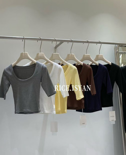 洋气时尚 韩版 百搭U领纯色修身 中袖 女 RICE正版 打底衫 2026春夏新款