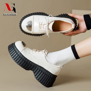 GILFUNMAR真皮系带深口单鞋女2025春季新款高跟小皮鞋松糕厚底鞋