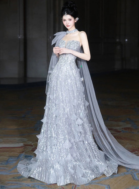 高级定制韩国贵族小姐时尚奢华重工刺绣闪亮片宴会派对晚礼服初诺