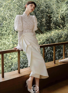 定制中式复古风民国西洋婚纱蕾丝拼接显瘦领证登记迎宾礼服柔诗瞳