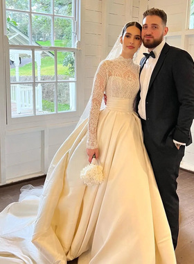 高级定制卢森堡田园风时尚浪漫优雅气质重工蕾丝刺绣长袖婚纱李阳