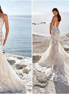 高级定制波斯湾性感女神奢华吊带大露背蕾丝重工刺绣婚纱礼服李阳