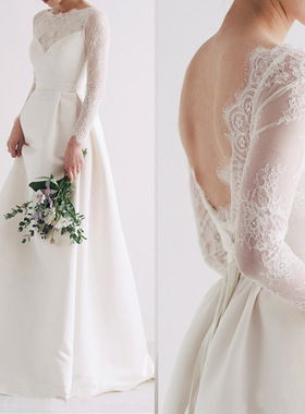 定制欧美复古优雅气质长袖蕾丝缎面婚纱晚礼服简约旅拍轻婚纱斯艾