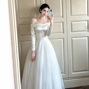 高级定制韩国简约优雅名媛风性感一字肩长袖订婚轻婚纱晚礼服梦缘