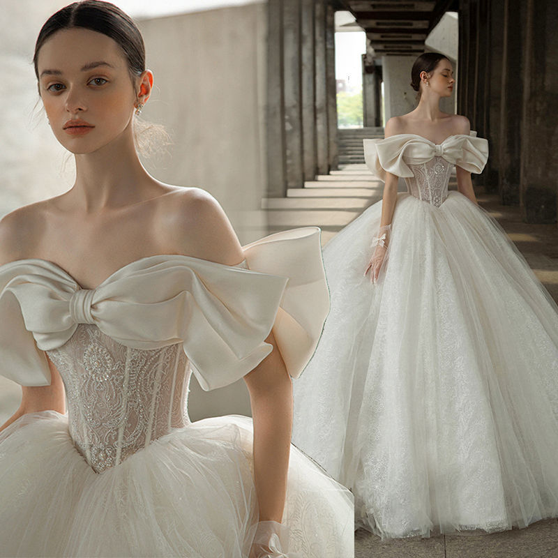 Advanced retro wedding dress with bow, custom made, open shoulders