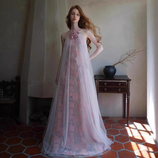 高级定制森系甜美少女超仙浪漫性感挂脖生日派对裙晨袍晚礼服漫缘