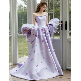 高级定制豪门贵族名媛气质甜美抹胸缎面晚礼服年会喜宴敬酒服芬芳