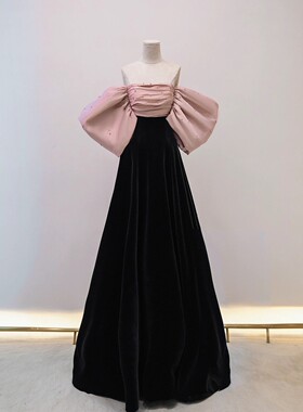 高级定制明星同款时尚轻奢小众高端宴会时尚礼服粉色拼接黑色虎丘