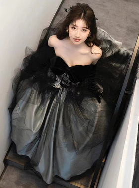 高级定制法式复古财阀千金气质甜美性感一字肩网纱宴会晚礼服初诺