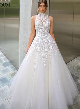 高级定制丹麦公主梦幻甜美蕾丝刺绣中腰高领无袖拖尾婚纱礼服李阳