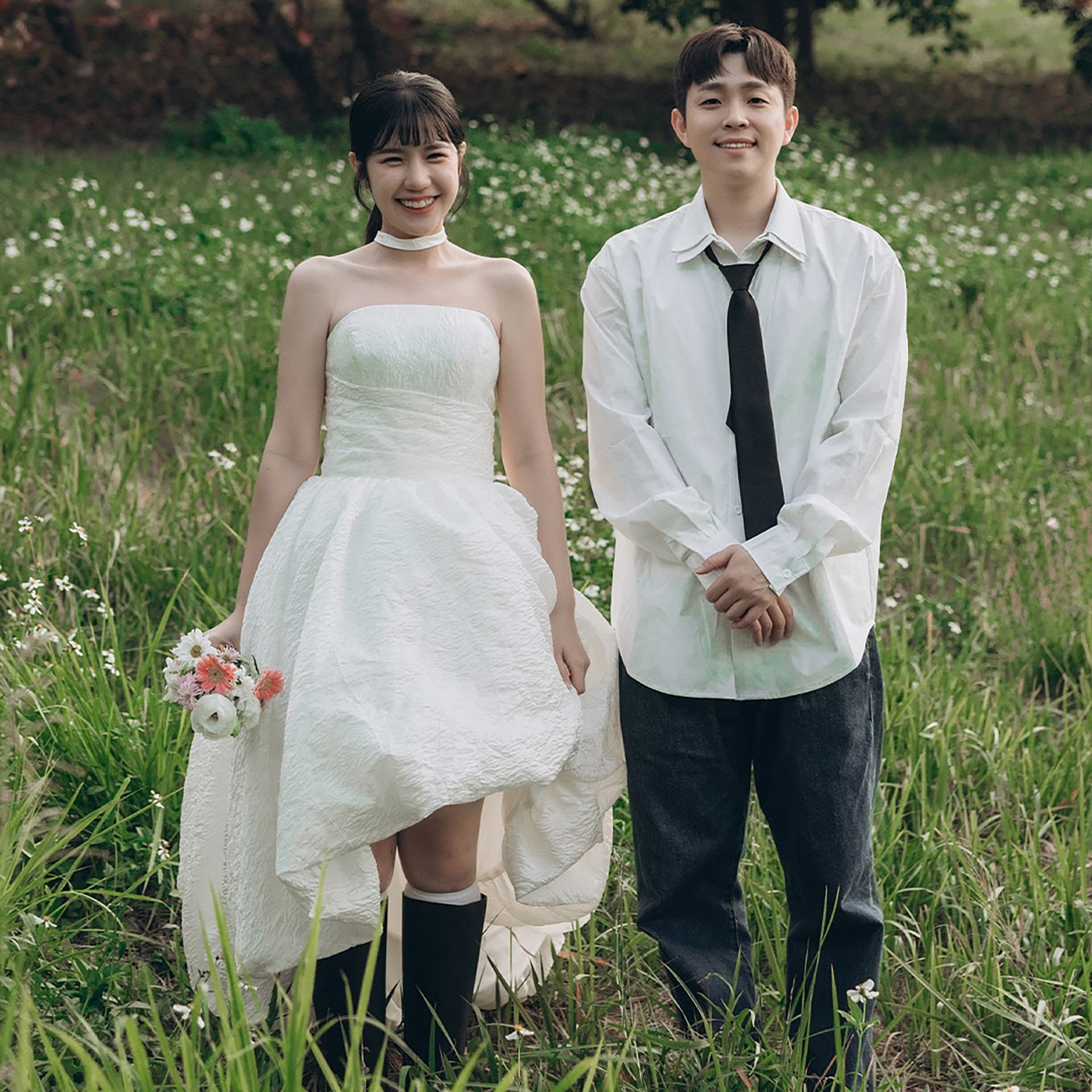 高级定制韩版森系公主风暗纹提花前短后长抹胸蓬蓬裙轻婚纱锦年