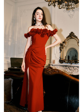 高级定制复古中国红重工立体玫瑰花瓣性感名媛气质连衣裙礼服瑜萱