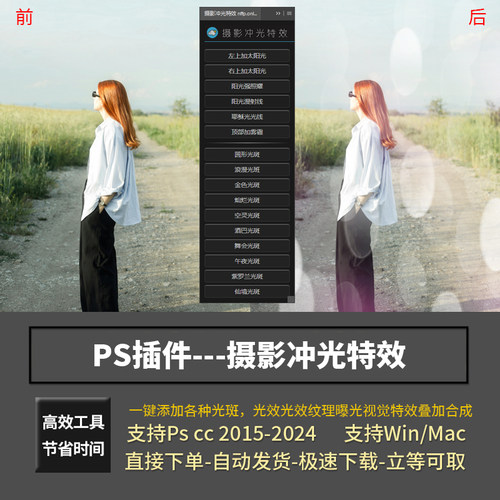 PS插件摄影冲光光斑特效一键添加实现酷炫光照效果支持win/Mac