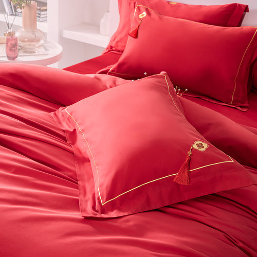 网易严选结婚床上用品提花刺绣婚庆床单被套大红色六件套四件套