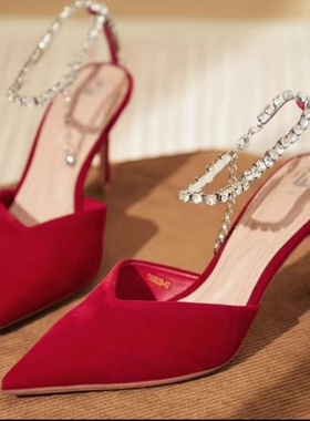TrMe2025夏季新款红色丝绒高跟鞋晚宴闪钻链条细跟尖头包头凉鞋女