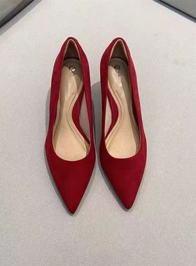 TrMe2025夏季新款红色绒面低跟不累脚职业面试优雅舒适细跟单鞋女