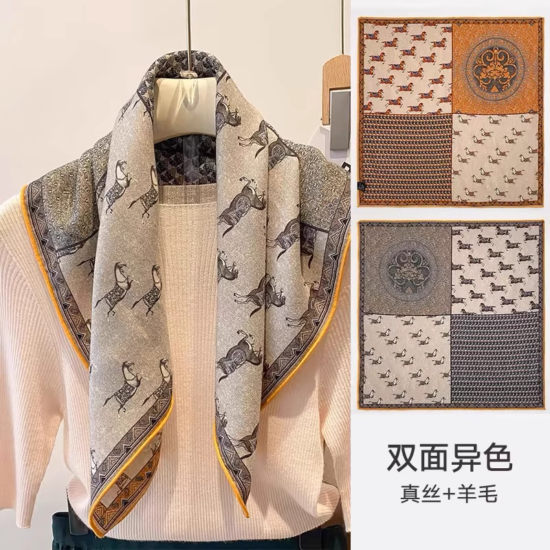 达芬奇密码骏马阵列65cm丝毛绵羊桑蚕喷绘中方巾（双面）