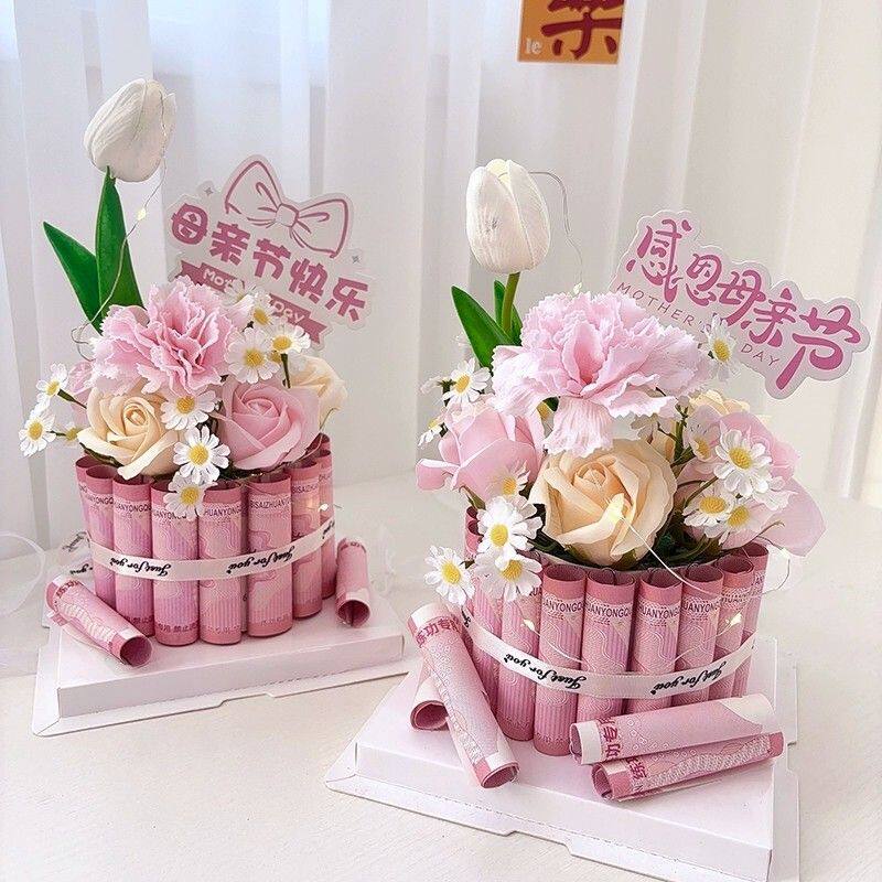 母亲节惊喜礼物手工diy仿真花康乃馨花束蛋糕礼盒送妈妈婆婆生日