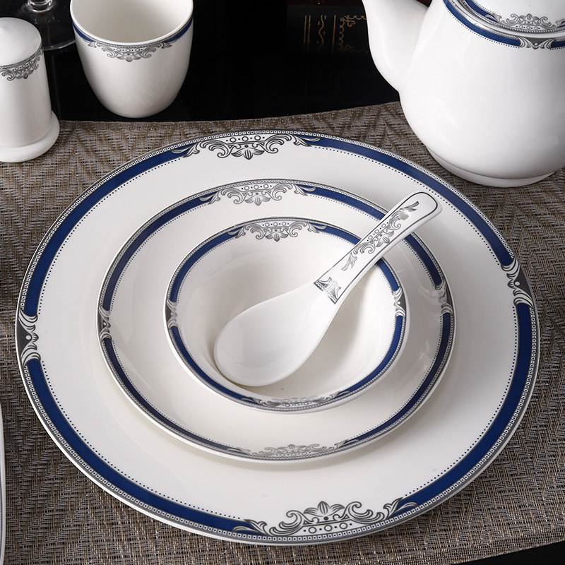 酒店陶瓷摆台餐具三件套套装蓝边餐具包厢餐厅会所饭店碗碟盘套装,餐饮具,盘,淘宝优惠券,粉丝福利购,淘宝优惠卷