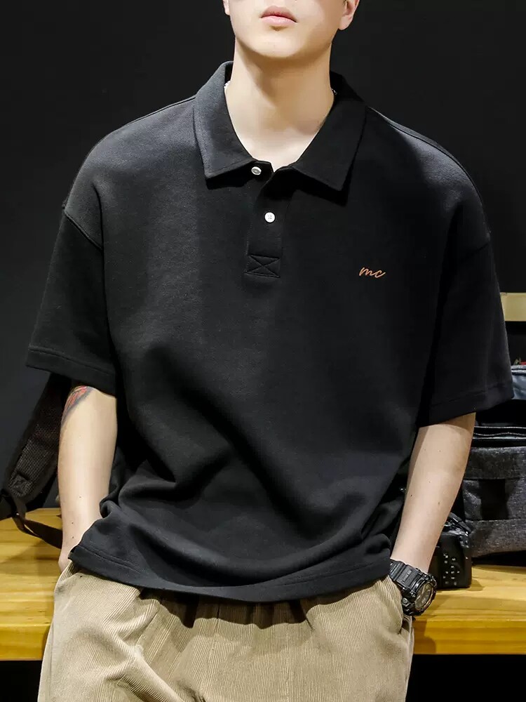 潮牌美式复古polo衫男生夏季重磅短袖宽松大码翻领t恤男士保罗衫